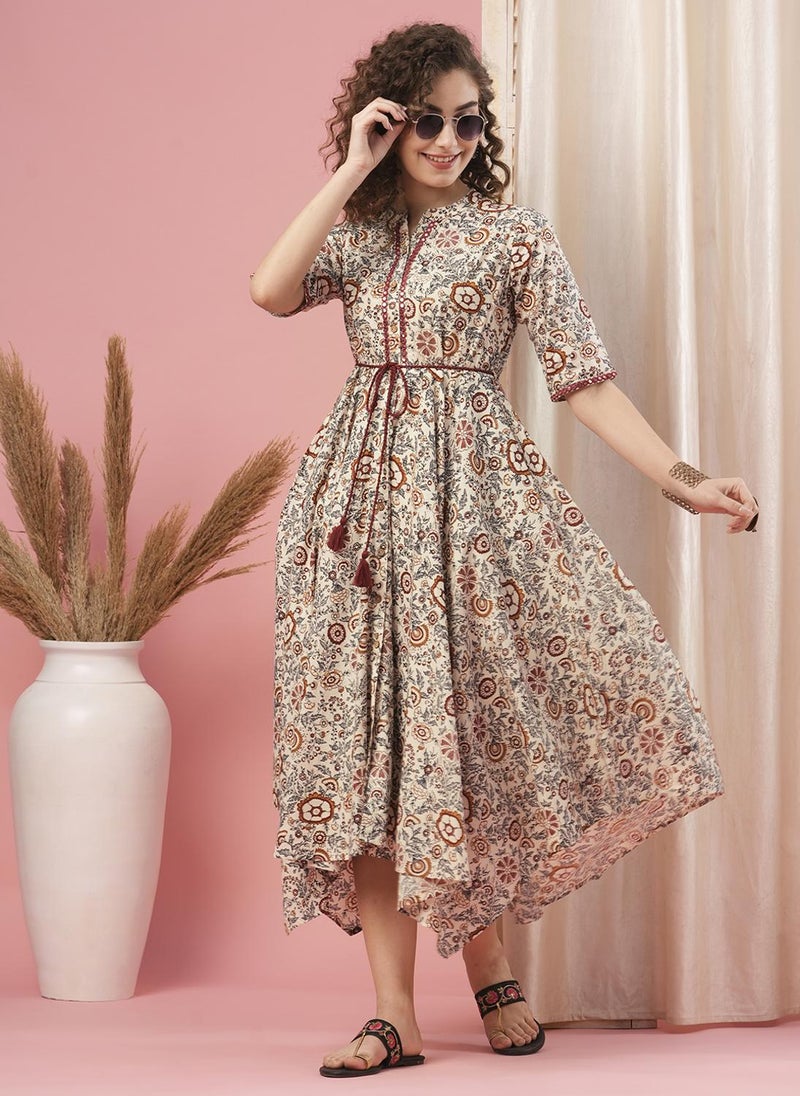 Globus Women Floral Printed Tie Up A Line Midi Dress - Image 1